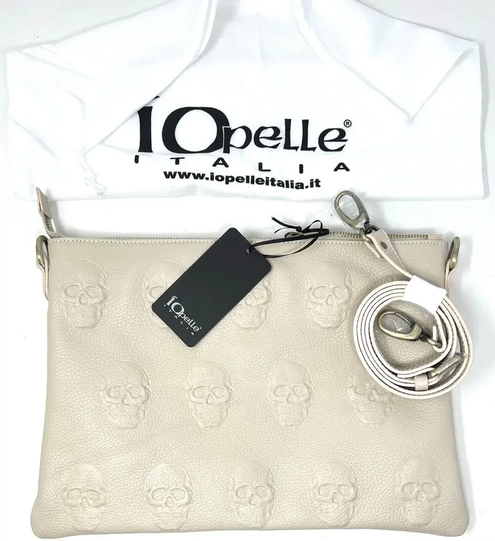 IO PELLE Italia Skull Embossed Leather Crossbody Bag Clutch Lt. Beige 14x10